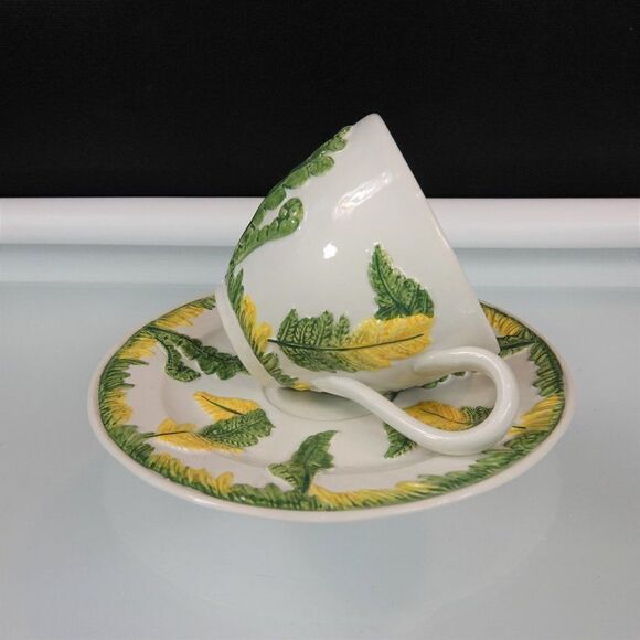 Vintage Italian Cup And Saucer Set Green Garden Ferns And Flower Bud Cottagecore - Picture 4 of 12